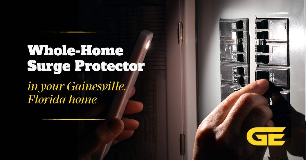 Whole-home surge protector installed at electrical panel in Gainesville, FL home